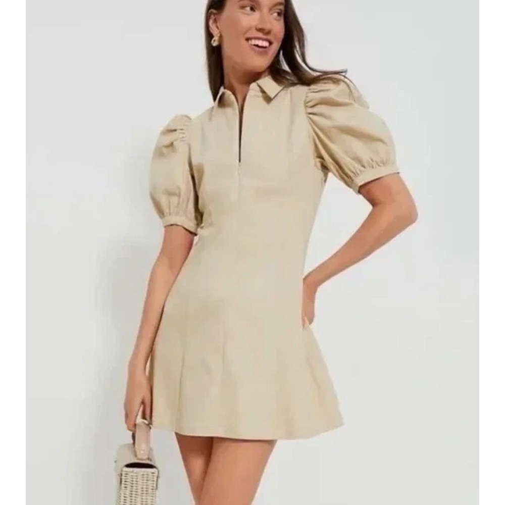Hyacinth House Sand Front Zip Denim Mini Dress Womens XXS Tan Euro Vacation Chic